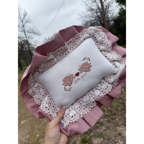Vintage Cross Stitch Handmade Pillow “LOVE YOU” Angels Rectangle Lace Ruffles - Picture 1 of 7